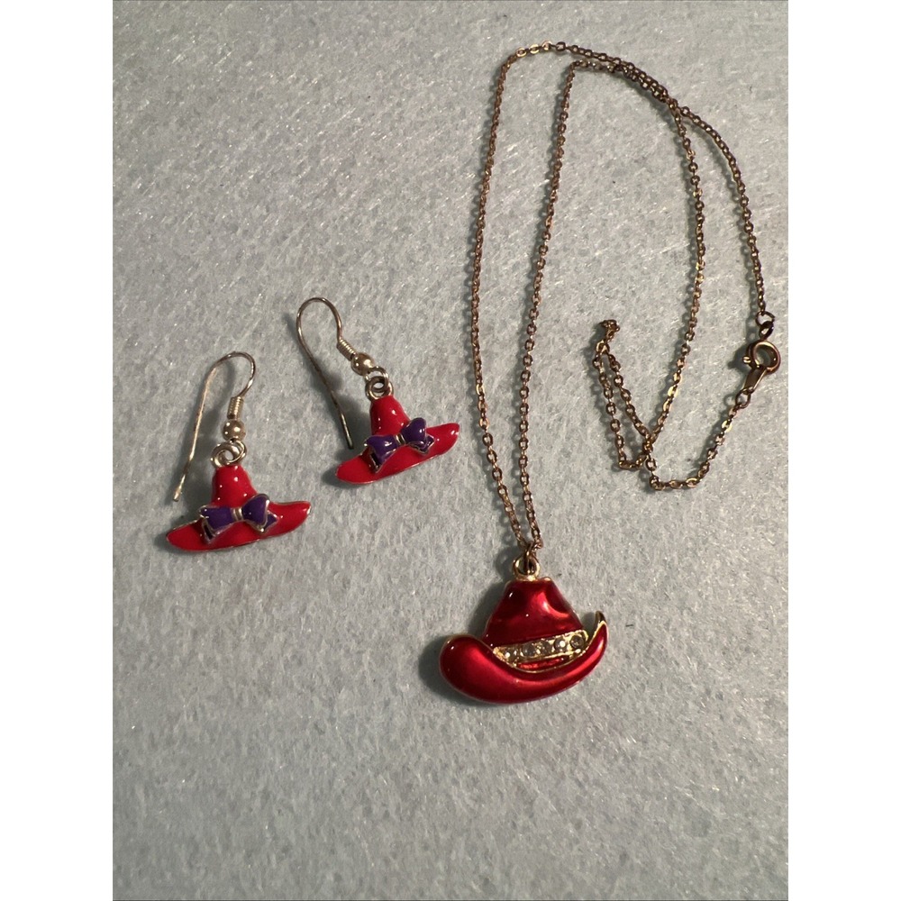 Red Hat Society Ladies Necklace & Earrings, Charms‎ Dangle Red/Purple Hats